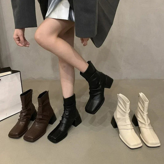 Autumn Winter Women Ankle Boots Fashion Square Toe Back Zippers Shoes Vintage Square Heels Ladies Short Booties