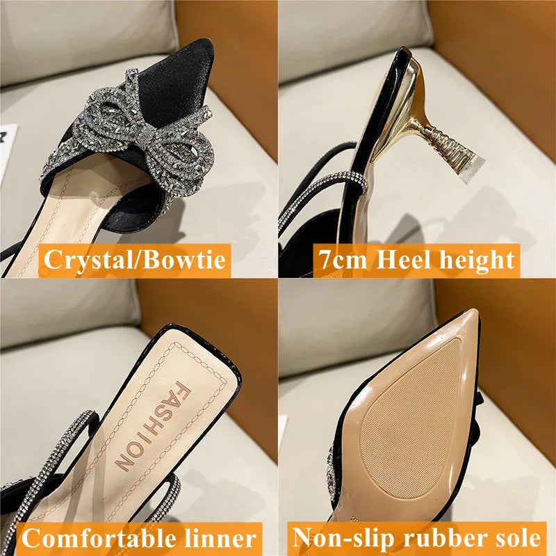 Ddbos Shiny Crystal Bowtie Pumps Women Fashion Ankle Strap High Heels Party Shoes Woman Summer Pointed Toe Sandals Mujer
