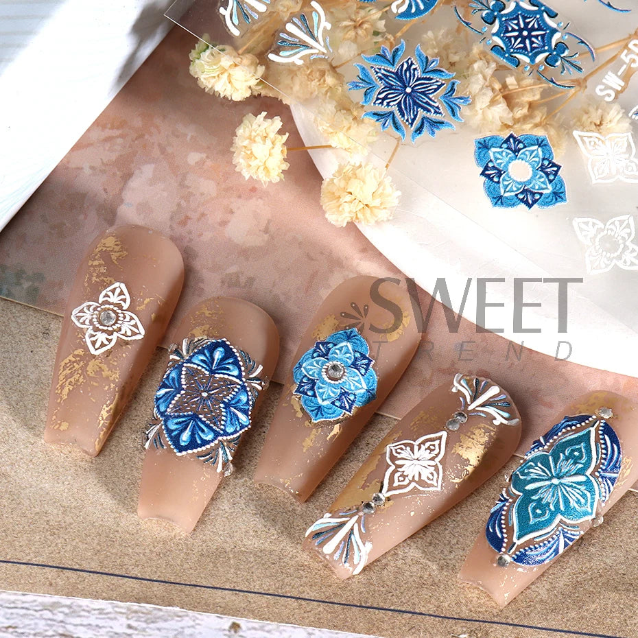 5D Acrylic Bohemia Flowers Nail Embossed Sticker Brown Filigree Lace Tribe Design Adhesive Decal Charms Textured Decoration