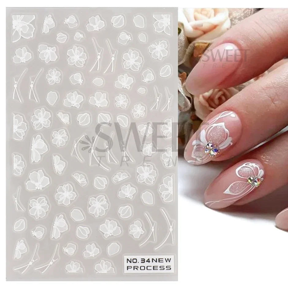 Ddbos White Lace Flower Nail Art Sticker Acrylic Floral Charm Adhesive Sliders Elegant Wedding Bride Simple Line Design Manicure Decal