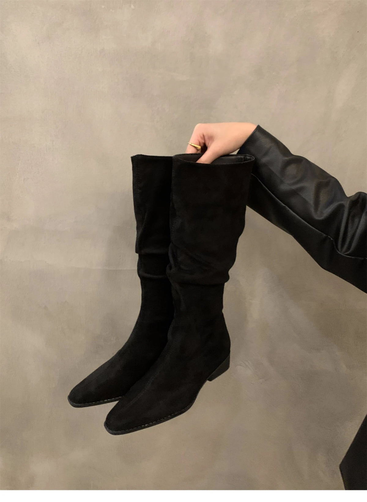 Ddbos Women Knee High Boots Autumn Winter Female Shoes Fashion Female Slip-on Folds Low Heel Pointed Toe Long Boots Botas De Mujer