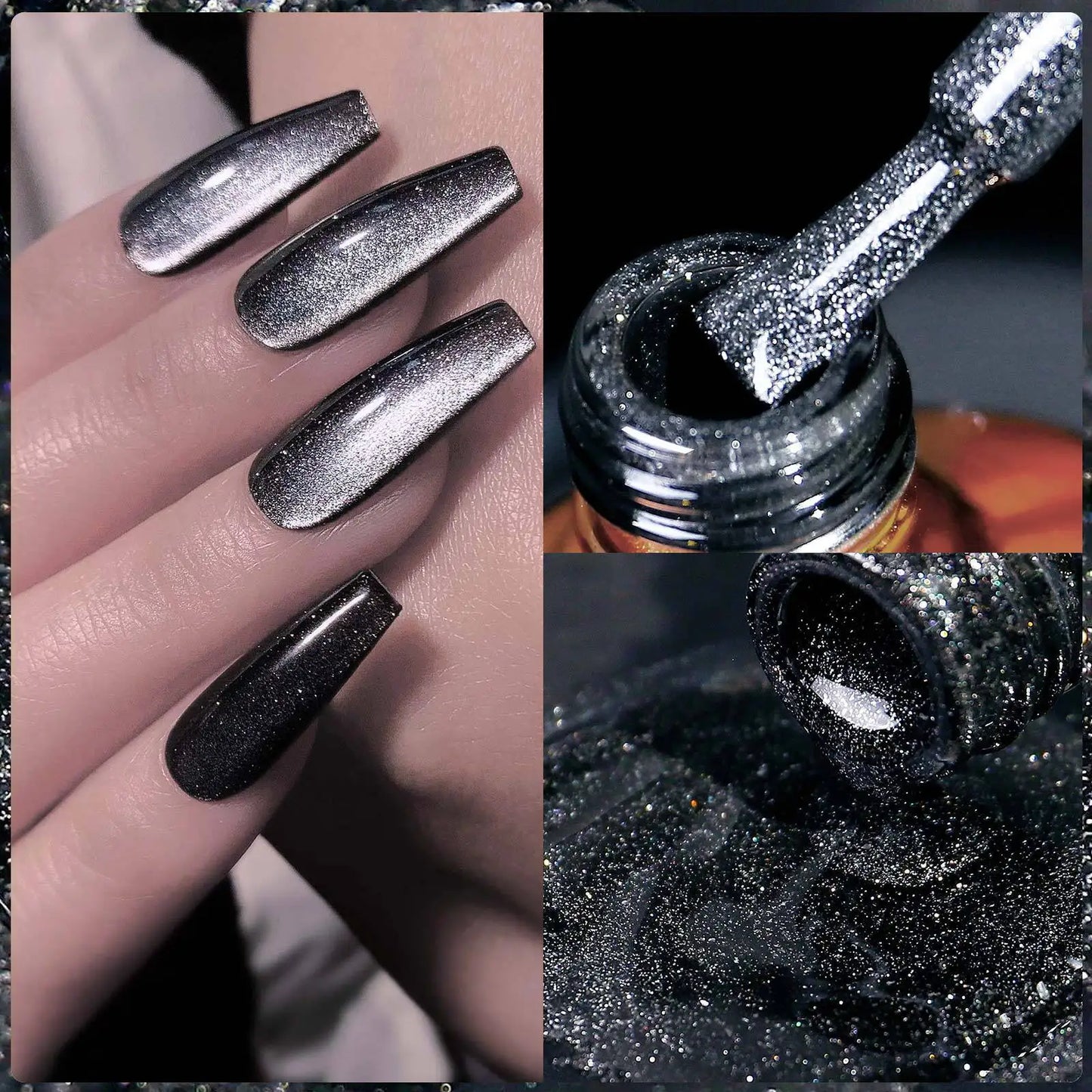 Ddbos Black Crystal Cat Eye Magnetic Gel Semi Permanent Nail Polish Sparkling Glitter Nail Soak Off LED UV Gel Varnishes