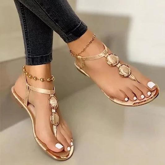 Summer Sandals Women Fashion Casual Beach Outdoor Flip Flop Sandals Metal Decoration Ladies Flat Shoes Big Size 35-43