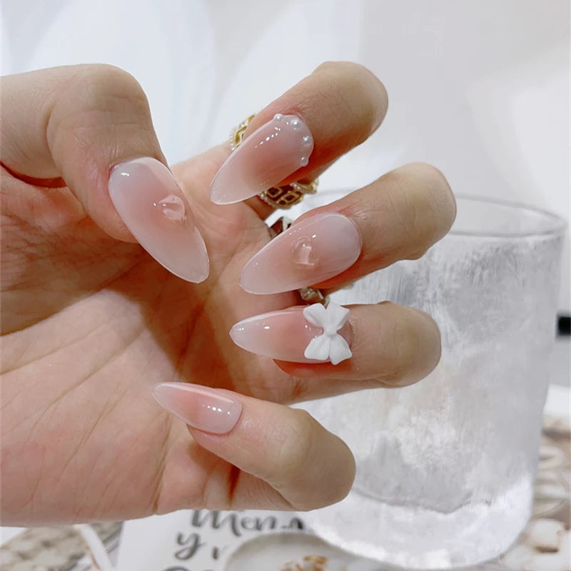 Gradient Pink Handmade Press on Nails with Bows Jelly Designed Almond False Nails Coffin Fake Nails Full Cover Fingernail Tips