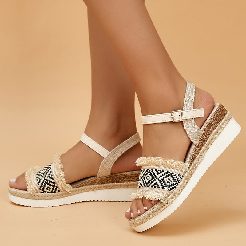 Ddbos Bohemian Style Printed Wedge Sandals for Women Summer Non Slip Platform Shoes Woman Lightweight Casual Gladiator Sandalias