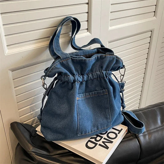 Ddbos Washed Denim Large Capacity Single Shoulder Bucket Bag 2024 New Trendy Versatile One Bag Smooth Shoulder Strap Versatile Bag