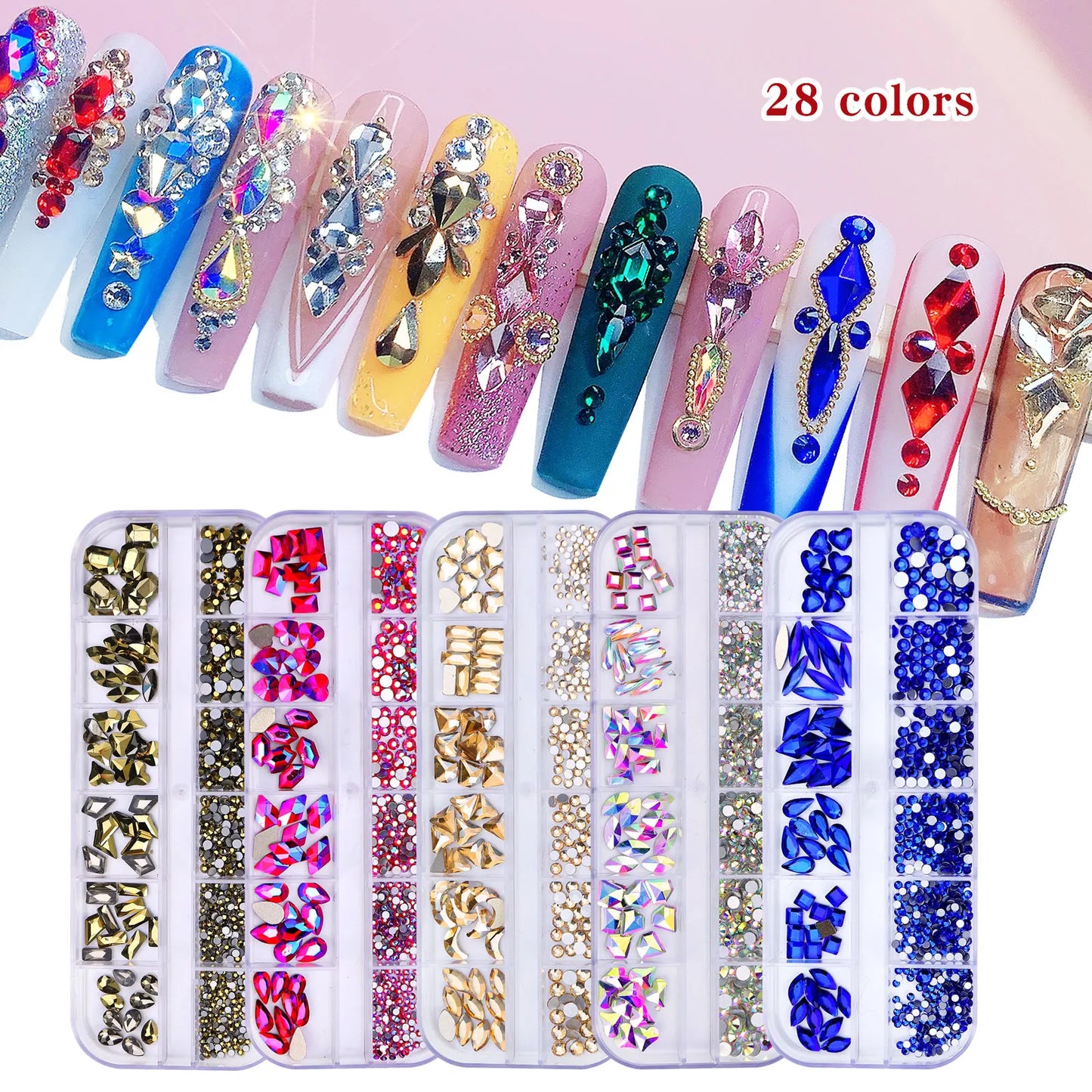 12 Grids/Box Multi-Size Nail Art Rhinestone Decorations AB Crystal Diamond Gems 3D Nails Glitter Glass Non Hotfix Strass Jewelry