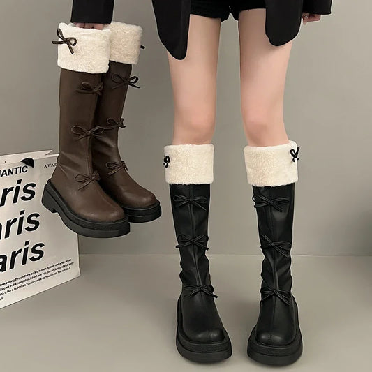 Ddbos trashy outfits Sweet Butterfly Knot Woman's Boots New Korean Style Fashion Brown High Boots Plush Thickened Winter Ladies Knee-High Boots