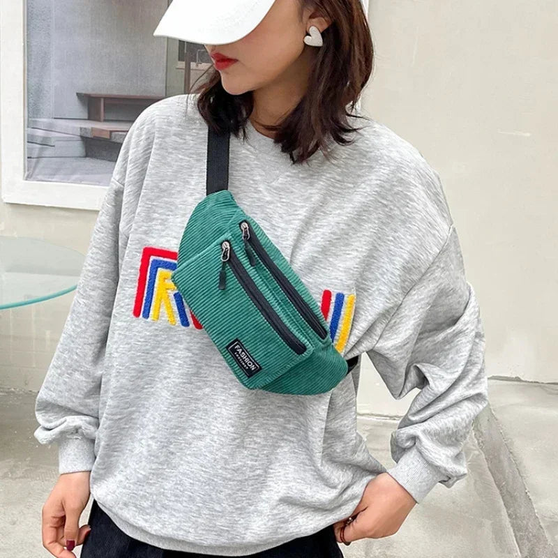 Ddbos Corduroy Women's Waist Bag Small Canvas Ladies Casual Shoulder Crossbody Bags Fashion Fanny Pack Female Solid Color Chest Bag