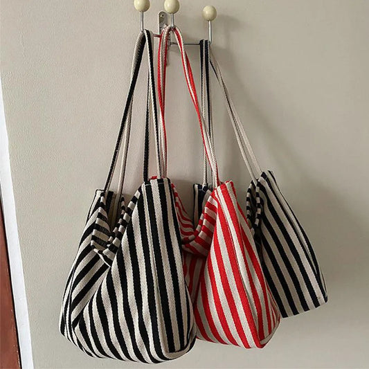 Korean Version Of Retro Literary Handbag Simple Fresh Striped Shoulder Bag Fashion Large Capacity Shopping Bag