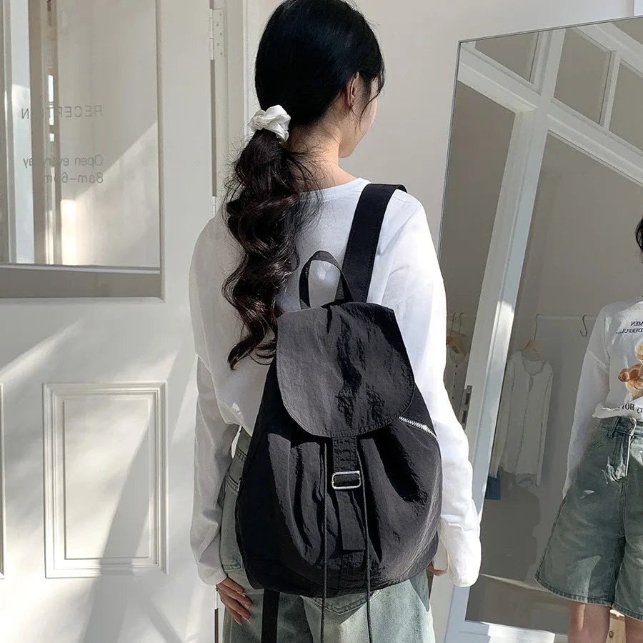 Retro Style Nylon Women Backpack Casual Women Backpack Harajuku School Students Drawstring Flap Travel Backpack