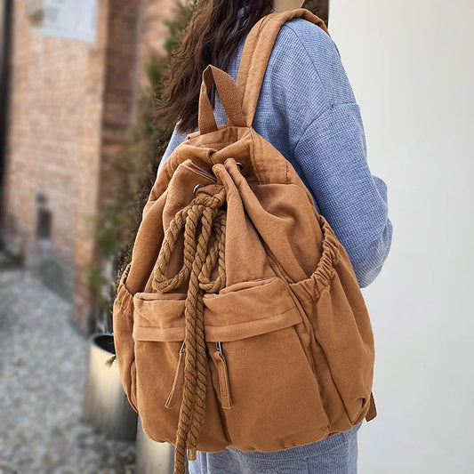 Ddbos Ladies Canvas Vintage Girl Leisure Drawstring Book Bag Female Brown Laptop College Backpack Women Travel School Bag Fashion Cool