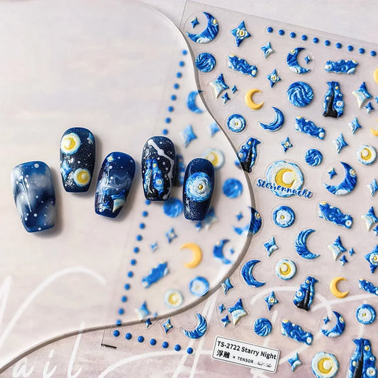 Ddbos 5D Realistic Relief Blue Yellow Starry Night Sky Moon Starlight Adheisve Nail Art Stickers Decals Manicure Ornaments Accessories