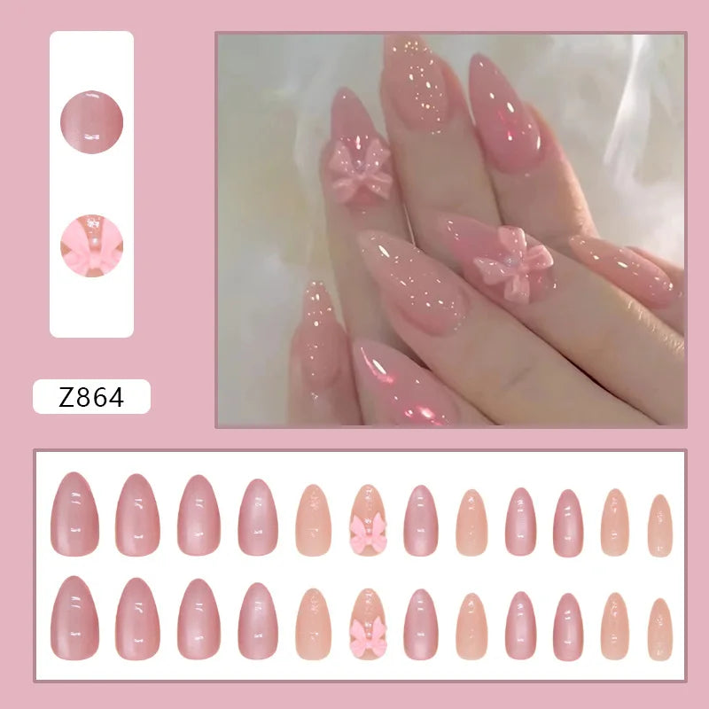 Ddbos 24pcs Pink Bow Design Glossy Press on Nails Wearable Detachable Almond Fake Nail Tips for Girls Lady Korean Sweet False Nails