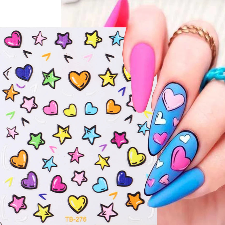 Ddbos Heart Nail Sticker 3D Comic Cartoon Colorful Heart Star Sliders Cute Nail Design Korean Style Translucent Gel Polish Wraps Decal