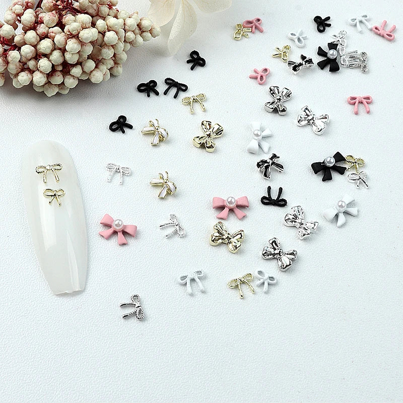 40-20PCS Vintage Simple Mini Bow Tie Various Colors Pearl Inlaid Bowknot Alloy Nail Art Rhinestones Decorations Manicure Charms