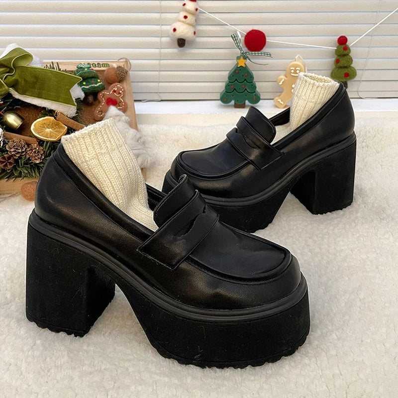 Ddbos Gothic Chunky High Heels Pumps for Women 2024 Spring Patent Leather Platform Loafers Woman Black Thick Heeled Jk Lolita Shoes