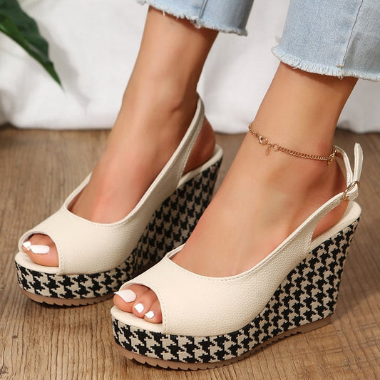 Summer Peep Toe Wedges Sandals Women Pu Leather Chunky Platform Sandals Woman Plus Size 42 Slingback Heeled Gladiator Shoes