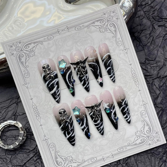 Ddbos 10pcs detachable long stilette ballet false nails with punk gothic designs y2k hot girl full cover artificial press on nail long