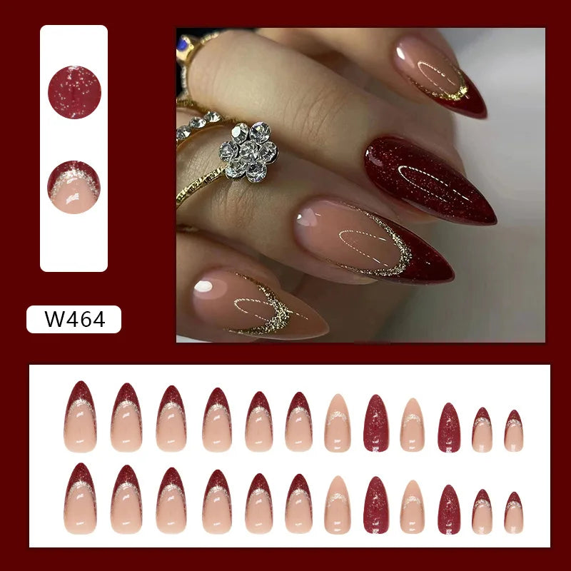 24pcs Glitter Fake Nail Tips Pointed Head Glossy Red Press on Nails Manicure Acrylic Nail Tips Full Cover False Nails for girls