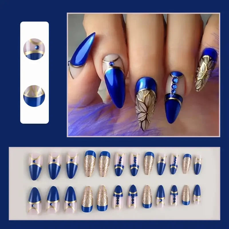 Ddbos 24pcs Mid-length Almond Shape Press On Nails, Blue Fake Nail With Rhinestone Decor, Glitter Full Cover Nails For Women