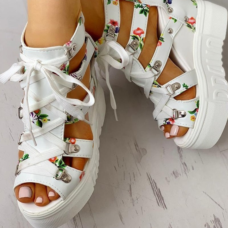 Ddbos Summer Printing Casual Wedge Women's Shoes Women's Sandals Thick Sole Laces High Heels Casual Women's Shoes Zapatos Mujer