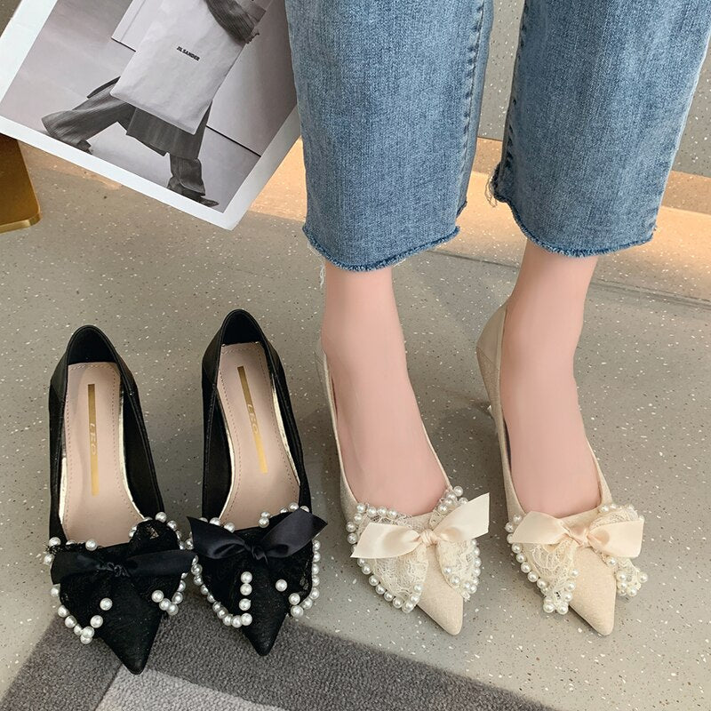 Ddbos Lace Bowknot Pumps for Women Summer Sexy Pointed Toe Thin High Heels Shoes Woman Fashion Pearls Wedding Party Shoes