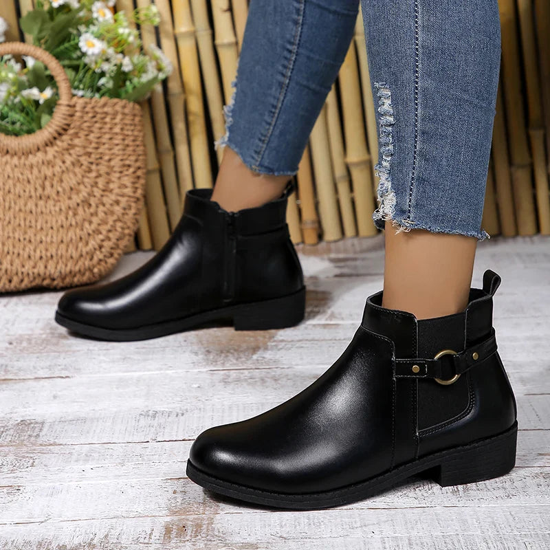 Ddbos Pu Leather Classics Black Thick Heel Ankle Boots Metal Zipper Low Platform Woman Shoes Winter Round Toe Slip On Short Boots