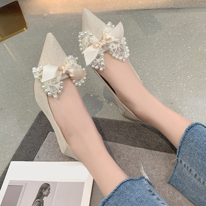 Ddbos Lace Bowknot Pumps for Women Summer Sexy Pointed Toe Thin High Heels Shoes Woman Fashion Pearls Wedding Party Shoes