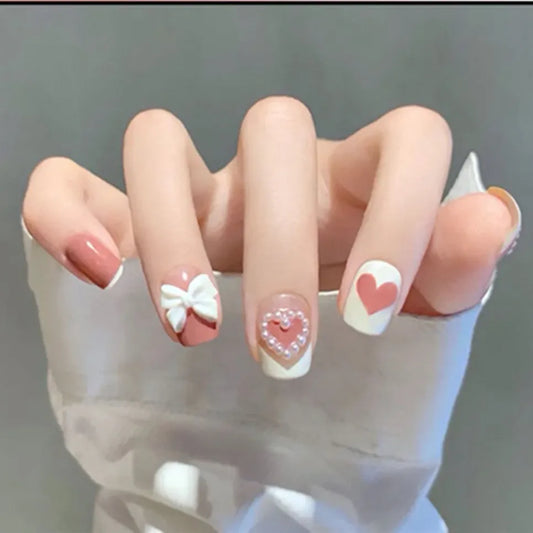 Ddbos 24P Pink Cute Short Square Head False Nails Art White 3D Bowknot Fake Nails with Pearl Rhinestones Full CoverPress on Nail Tips