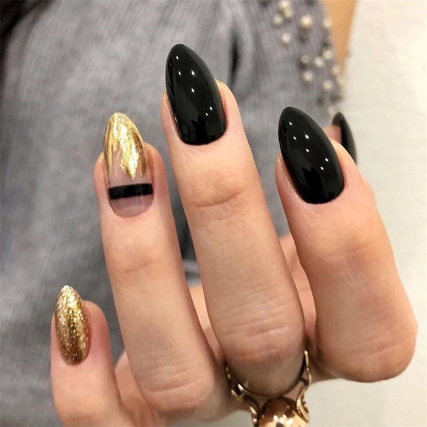 24Pcs/Set Black Oval Wearing False Nails Patch Gold Foil Medium Long Almond Press on Nails Art French Manicure Removabl