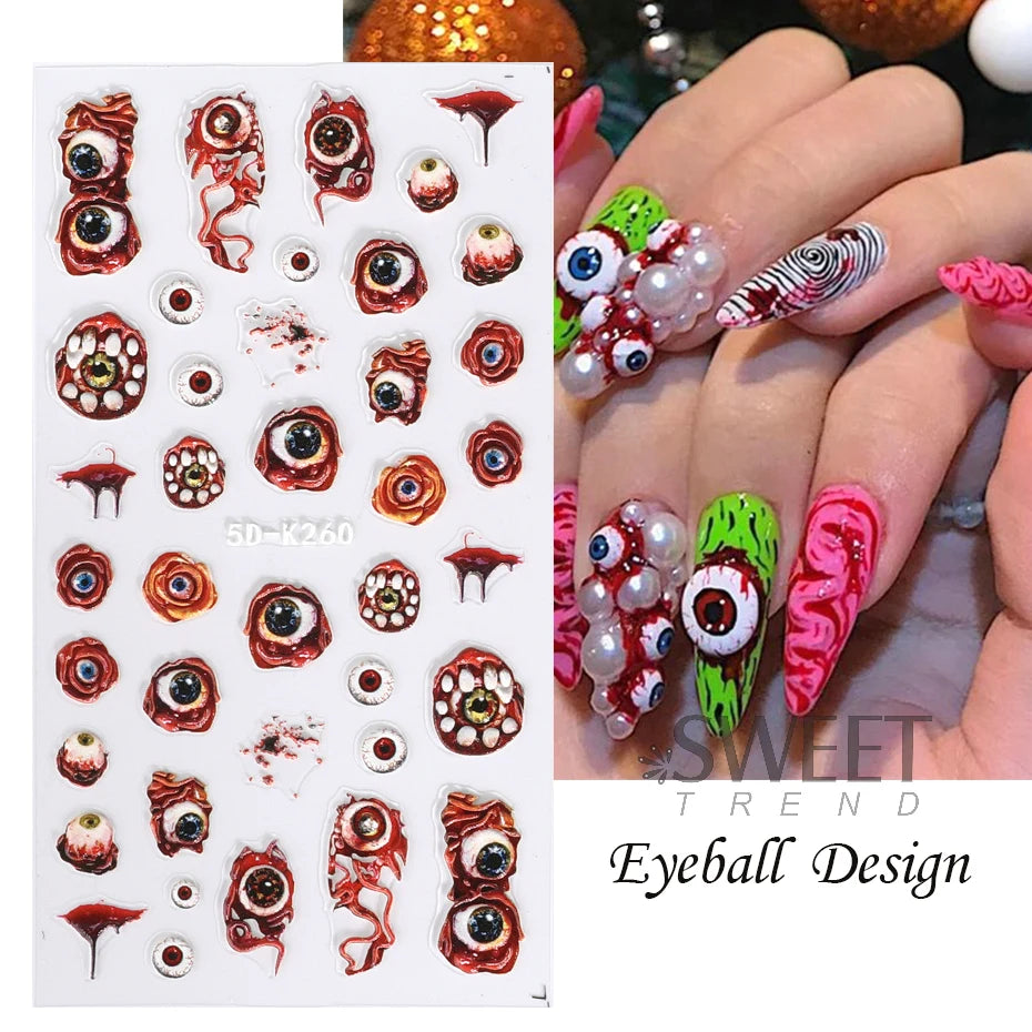 5D Gems Spider Embossed Nail Stickers Design Centipede Red Eyeball Adhesive Sliders Holiday Party New Year Decals Manicure Foils