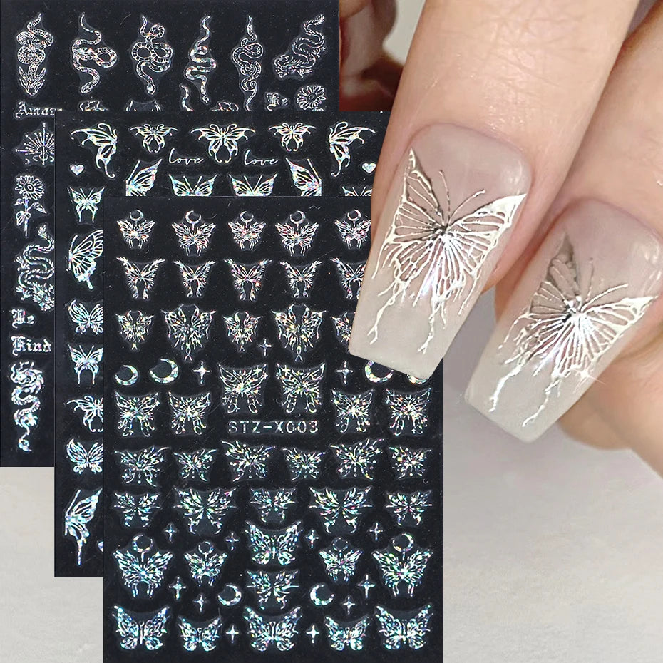 3pcs Laser Butterfly Stickers For Nails Holographic Snake Dragon Heart Star Moon Adhesive Sliders 3D Nail Art Decal Decoration