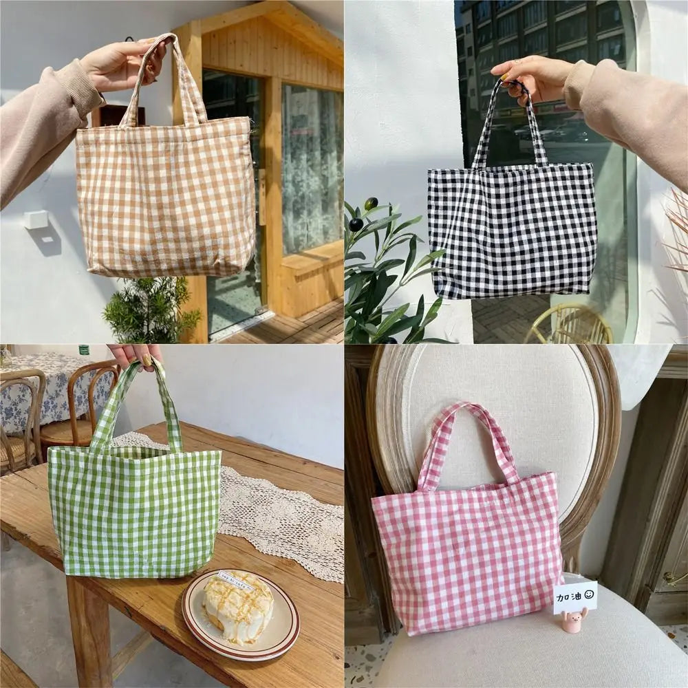 Ddbos Travel Grocery Tote Bags Portable Japanese Style Cotton Lunch Bag Plaid Handbag Kids