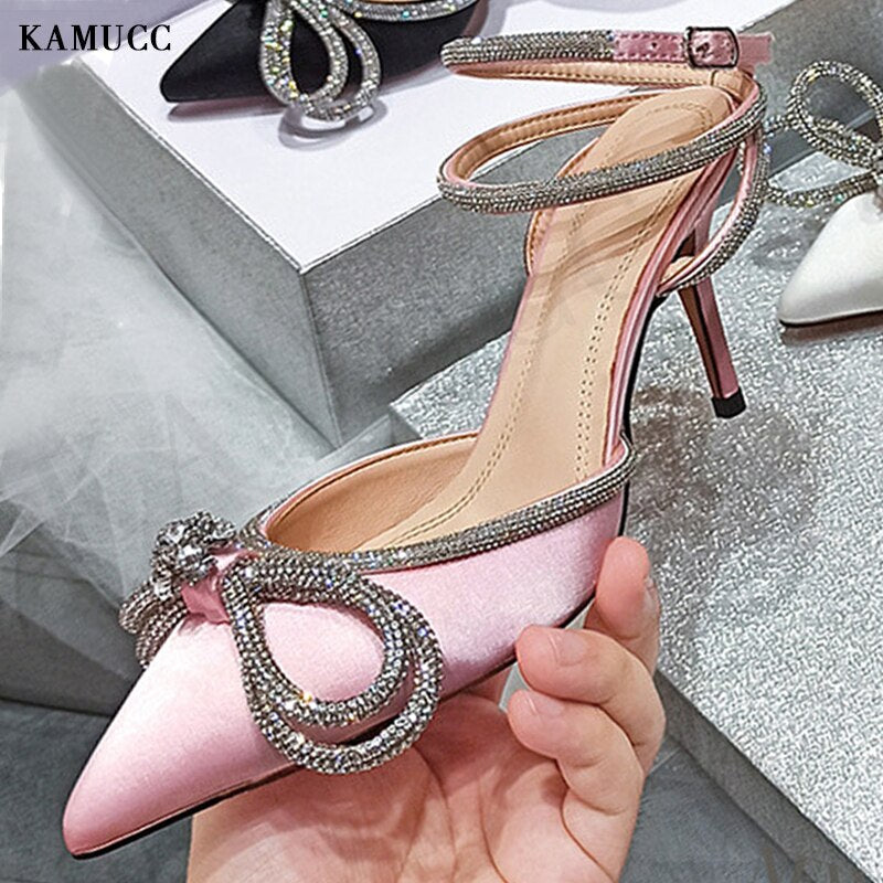 Ddbos Fashion Women's High Heel Sandals Rhinestone Woman Pump Crystal Bowknot Ankle Strap Ladies Prom Shoes Women Female Footwear