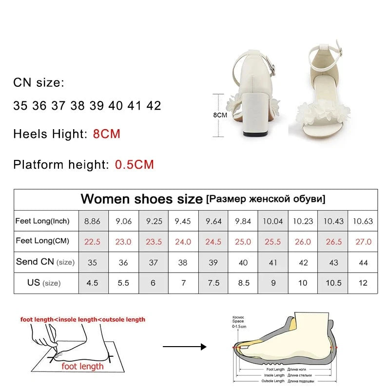 Ddbos White Heels Women Sandals Lace 3D Flower Summer Elegant Ankle Buckle Sandals Wedding Shoes Bride Party Bridal Shoes Pumps