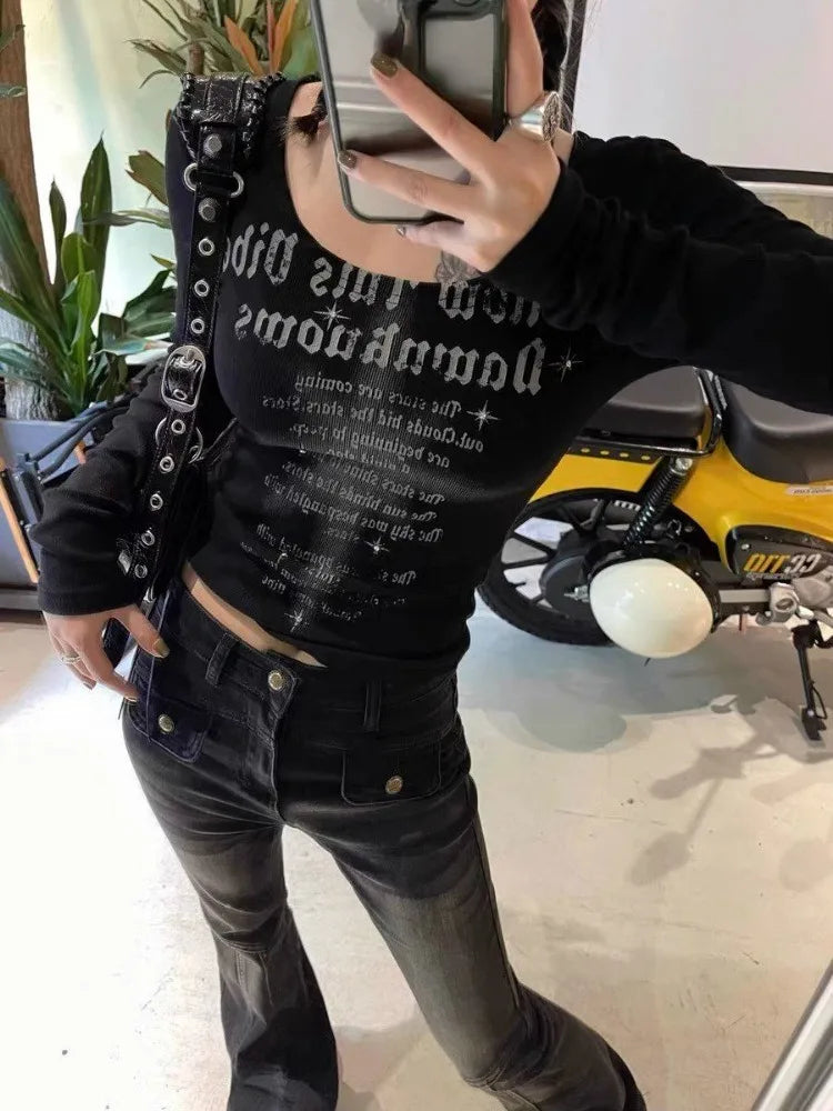 Ddbos Letter Print Y2k Aesthetic Tee Shirts Femme Casual Vintage Slim Fit Grunge Tops Streetwear Harajuku Women Crop Tshirts Simple