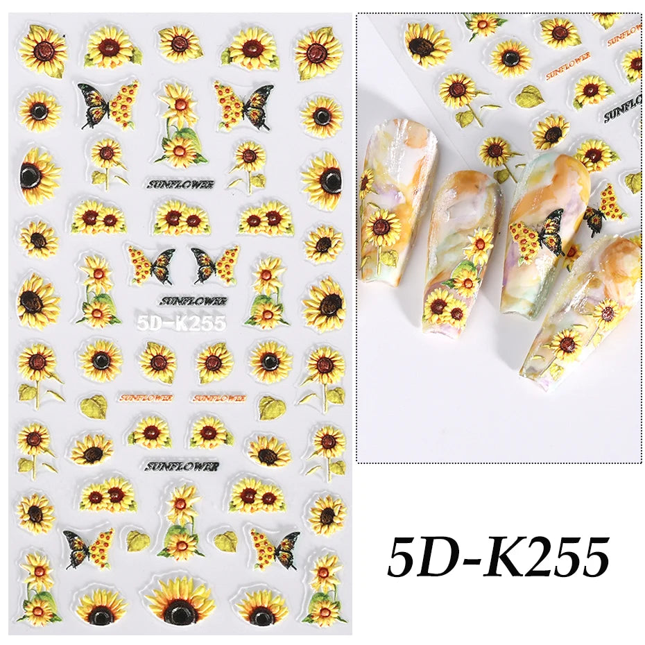 5D Yellow Sunflower Embossed Nail Sticker Acrylic Flower Leaf Bee Butterfly Summer Engrave Gel Polish Manicure Slider Decoration