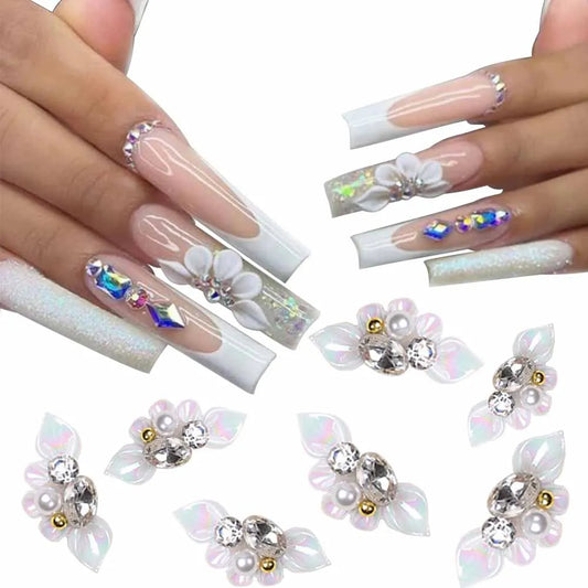 Ddbos 5Pcs Aurora Side Flower Nail Art Charms 3D Acrylic Flowers With Pearl Rhinestone Crystal Nail Art Decoration Nail DIY Accessorie