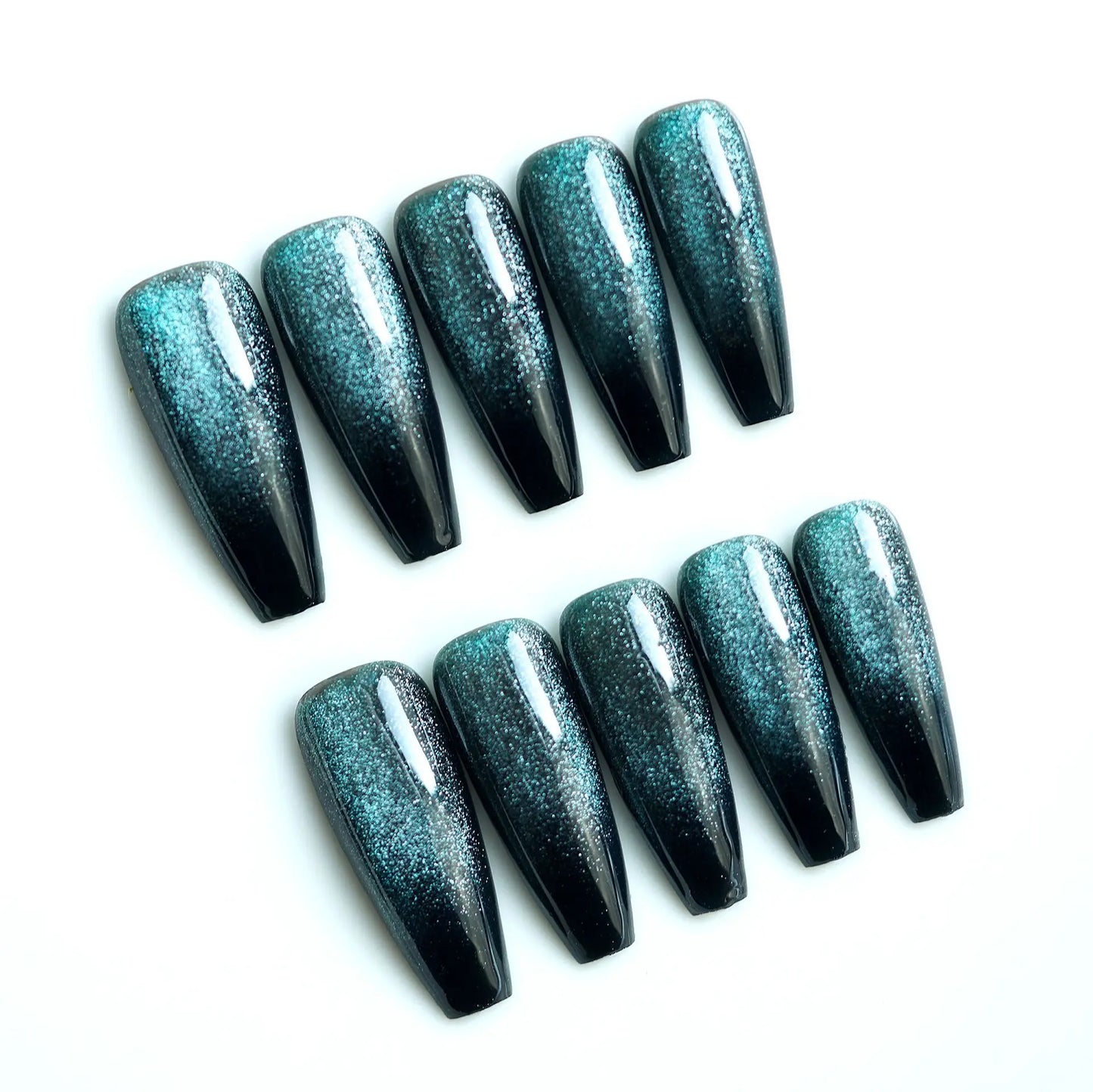 Ddbos 24pcs Cat Eye False Nail Deep Blue Color Fake Nail Tips Full Cover Nail Art Long Coffin Ballet Press on Nail Manicure Nail Tips