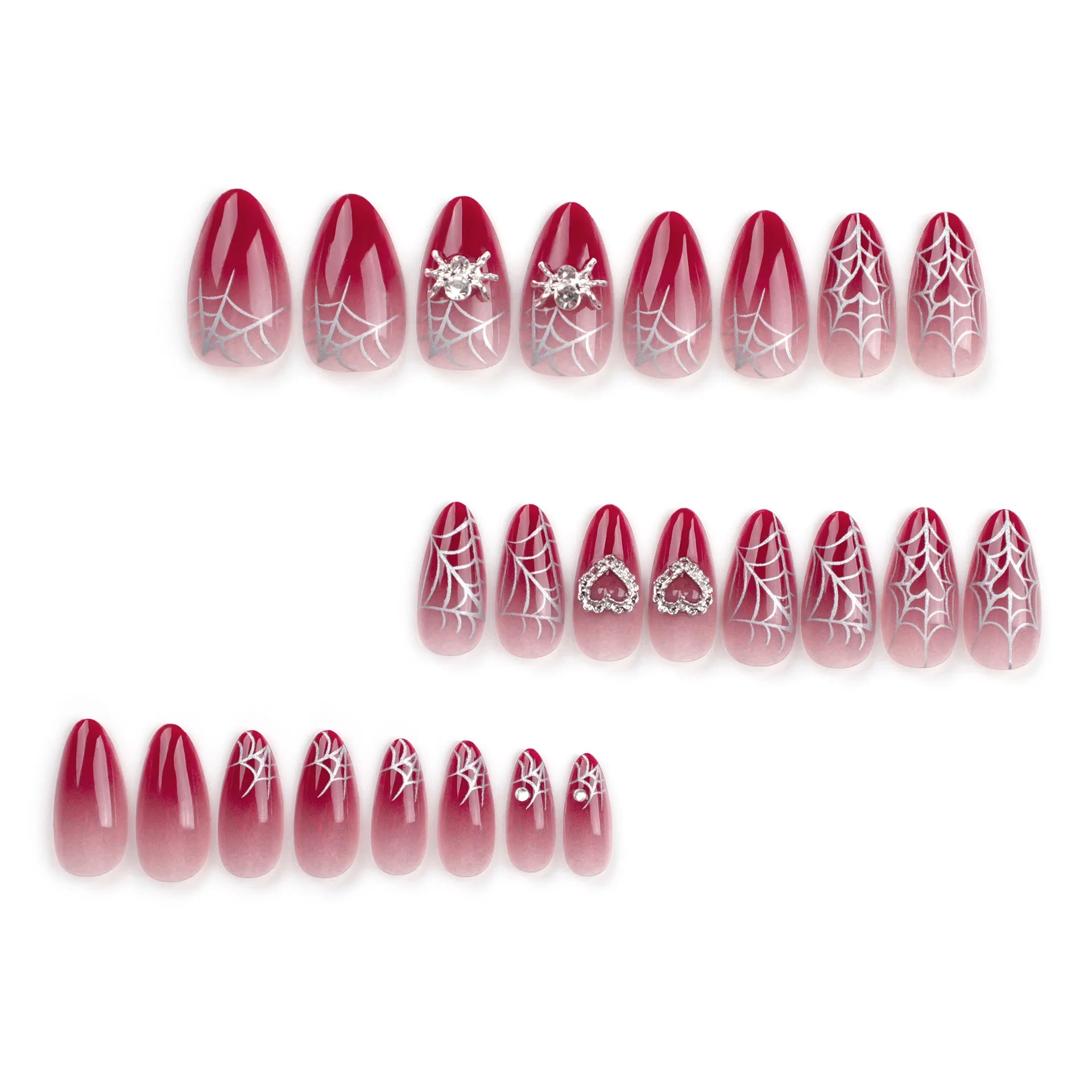 Gradient Red Fake Nail with Spider Web Pattern False Nails with Crystal Design Almond Press on Nail Tips Wearable