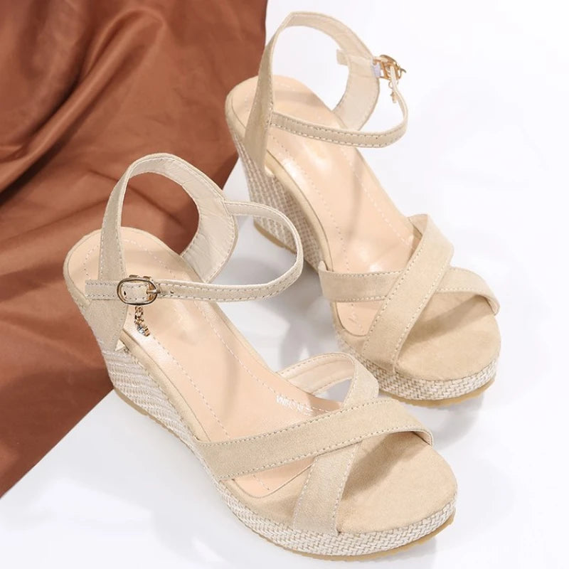 Ddbos Fashion Wedge Sandals for Women Summer Casual Non-slip Peep Toe Platform Shoes Rubber Sole Buckle Elegant Heel Woman Sandale