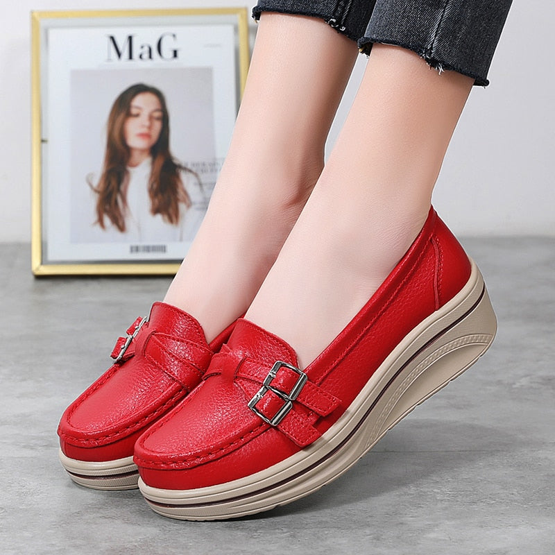 Ddbos New Spring Autumn Women Flats Platform Loafers Ladies Leather Comfort Wedge Moccasins Orthopedic Slip On Casual Shoes 35-42