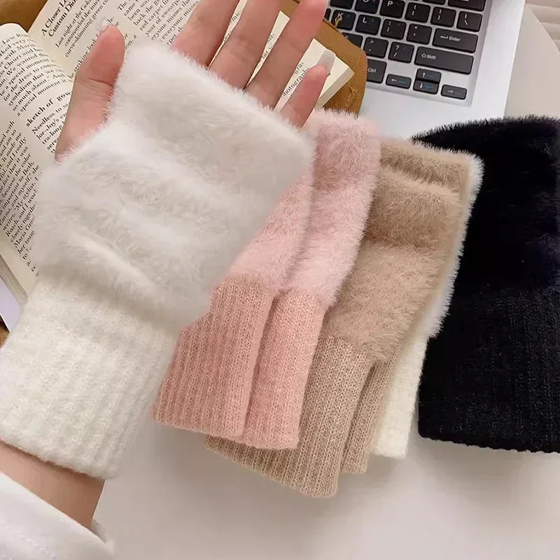 Ddbos Mink Fleece Soft Winter Half Finger Gloves Women Warm Luxury Solid White Plush Knitted Fingerless Gloves Wrist Mittens Writting