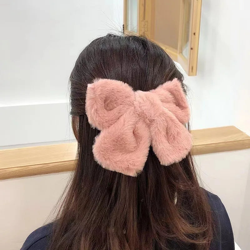 Ddbos Winter Cute Plush Bowknot Hairpin Women Korean Simple Solid Color Bow Hair Clips Large Barrette for Girls Hair Accessories