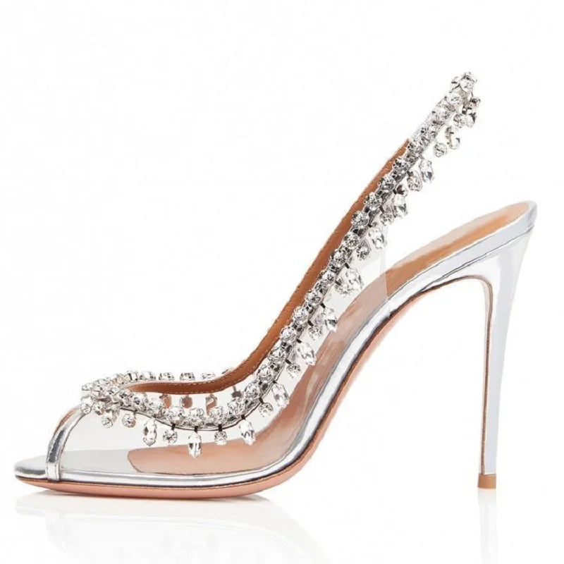 Ddbos Silver Pink PVC Clear Heeled Sandals Women Pumps Sexy Rhinestones Thin High Heels Shoes Pointed Toes Party Nightclub Sandals