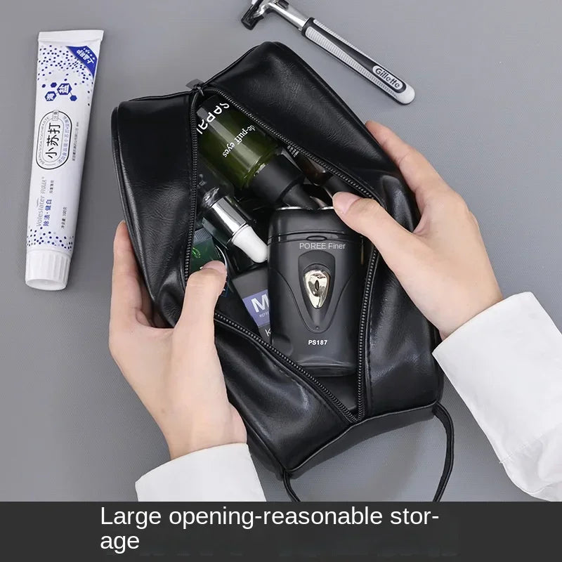 Ddbos Men Leather Wash Bag Travel Business Trips Portable Cosmetic Bag Large Capacity Multi Pocket Design Handheld Leather Wash Bag