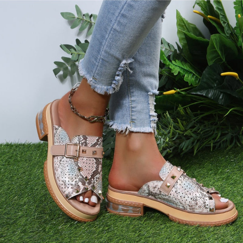 Ddbos New Sandals Women Shoes Snake Print Classic Casual Vacation Daily Open Toe Rivets Monk Buckle Comfortable Sandals Plus size 43