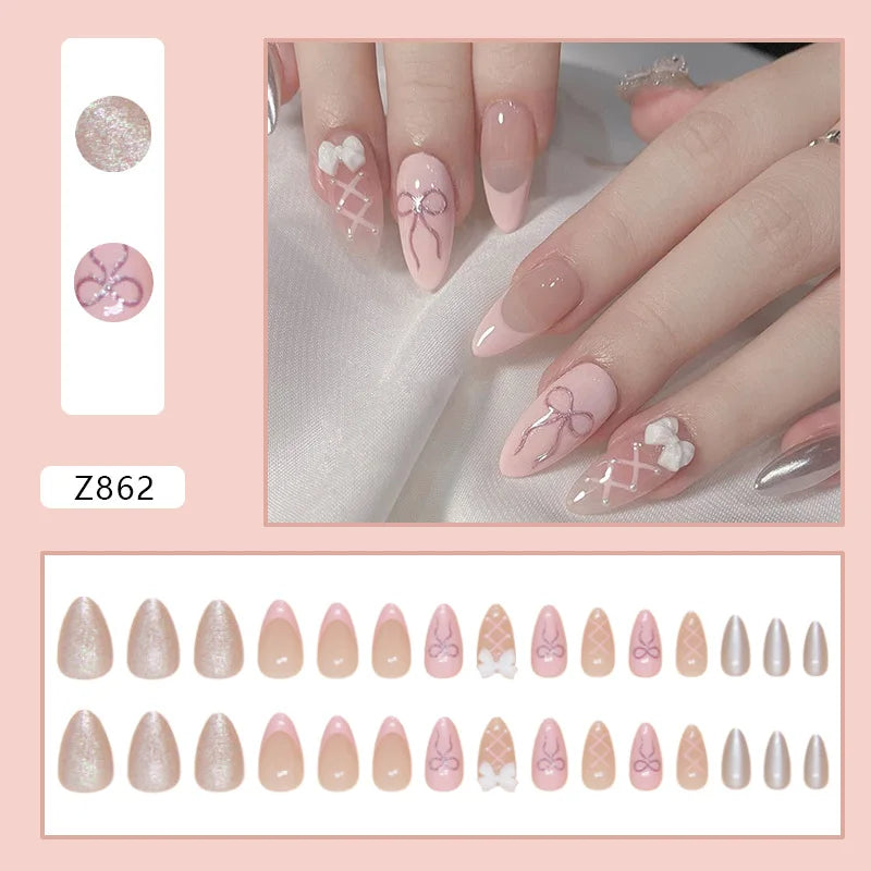 Ddbos 24pcs/set French Strawberry Butterfly Cat Eye Press on Nails Fake Nails Manicure Detachable Nail Tips Oval False Nails Full Set