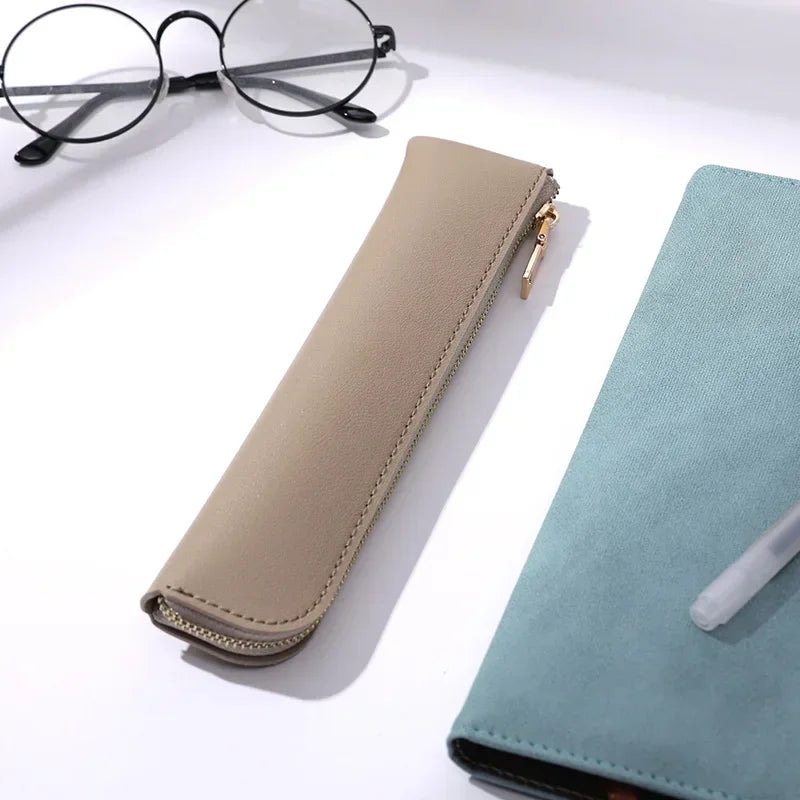 Ddbos Simple Pen Sleeve PU Leather Mini Small Pen Bag Zipper Pencil Pouch Stationery Fountain Pen Holder Case Student School Supplies